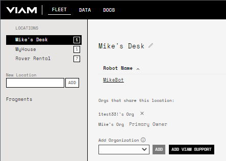 After adding another org, the Viam app lists it under the orgs that share this location list.