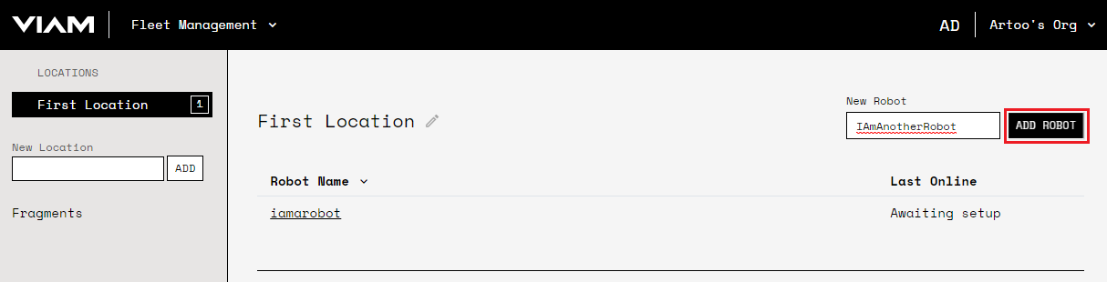 Screenshot of the 'First Location' page on the Viam app with a new robot name in the New Robot field and the ADD ROBOT button next to the field highlighted.
