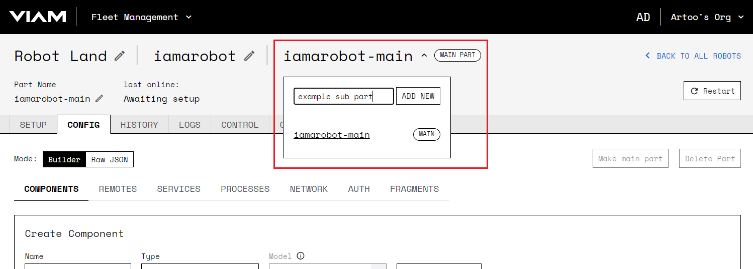 Screenshot of the robot page for an example robot. The parts drop down is open.