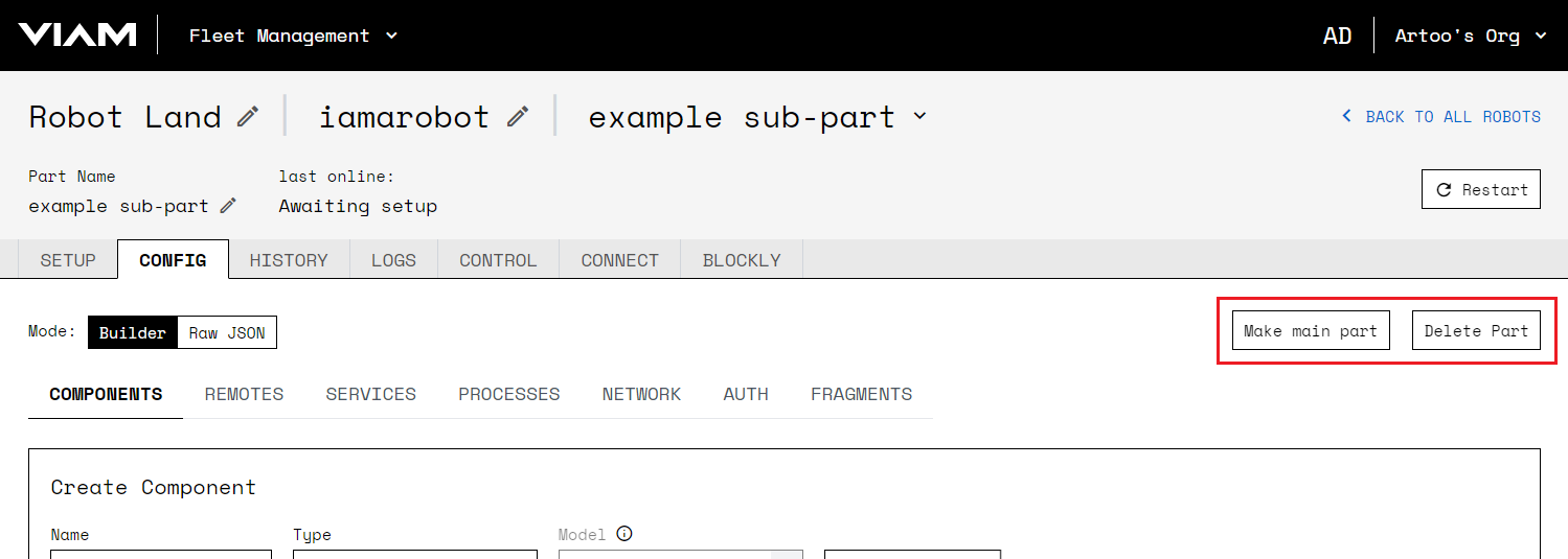 Screenshot of the CONFIG tab of a robot's page noting the location of the Make main part and Delete Part buttons.