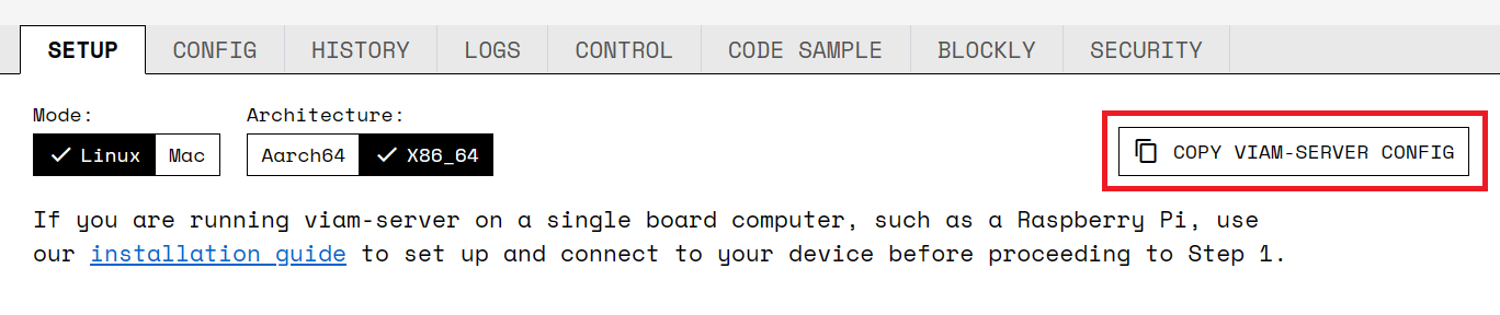 Screenshot of the top of the SETUP tab showing the COPY VIAM-SERVER CONFIG button in the upper right, highlighted with a red box.