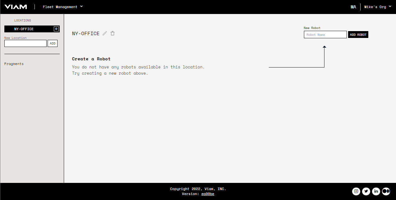 Screenshot from the Viam app showing the create a robot page.