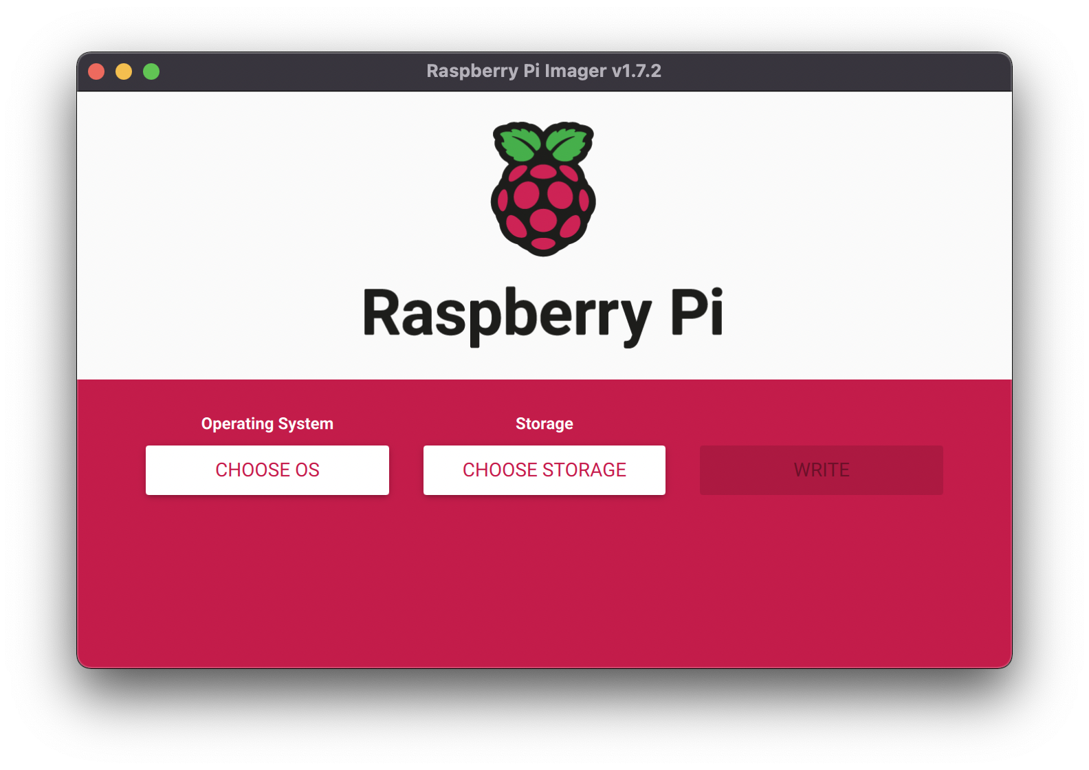 Raspberry Pi Imager launcher window showing a “Choose OS” and “Choose Storage” buttons.