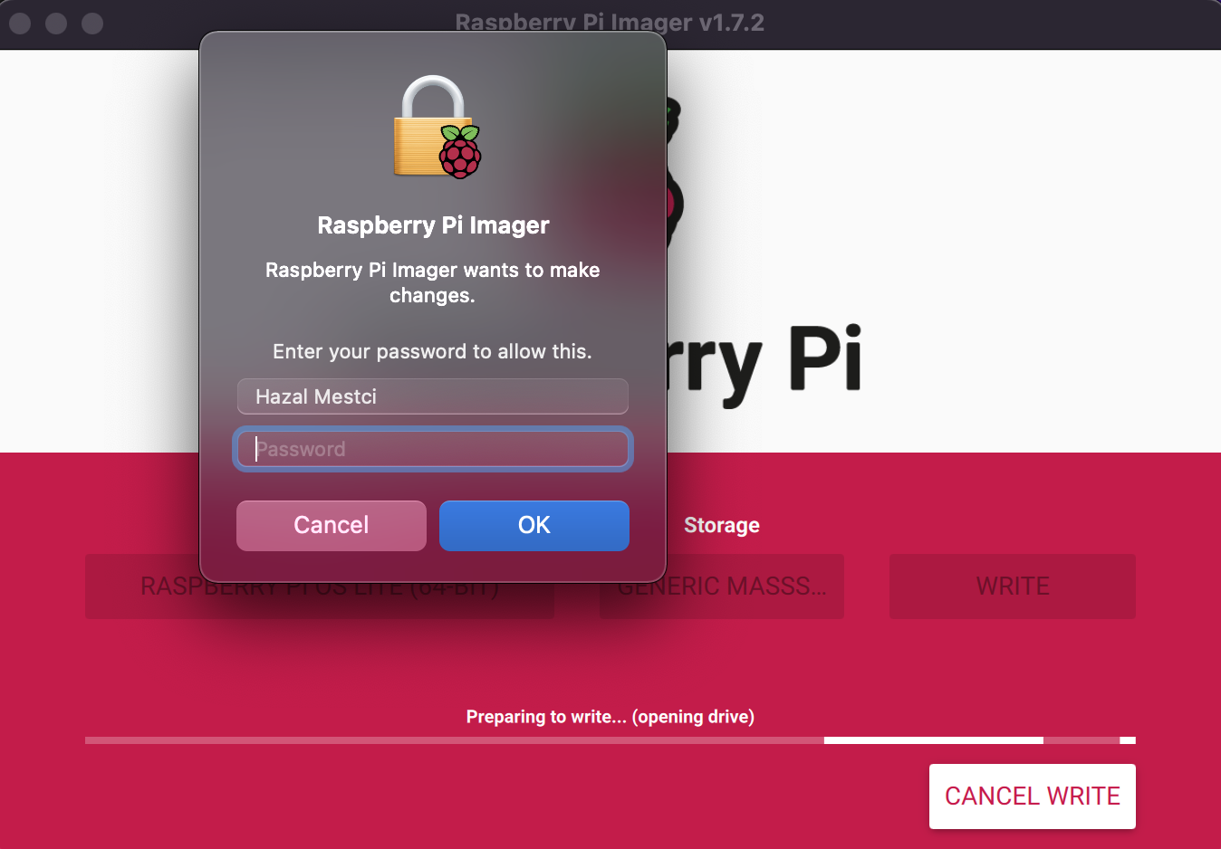 macOS admin password confirmation screen.