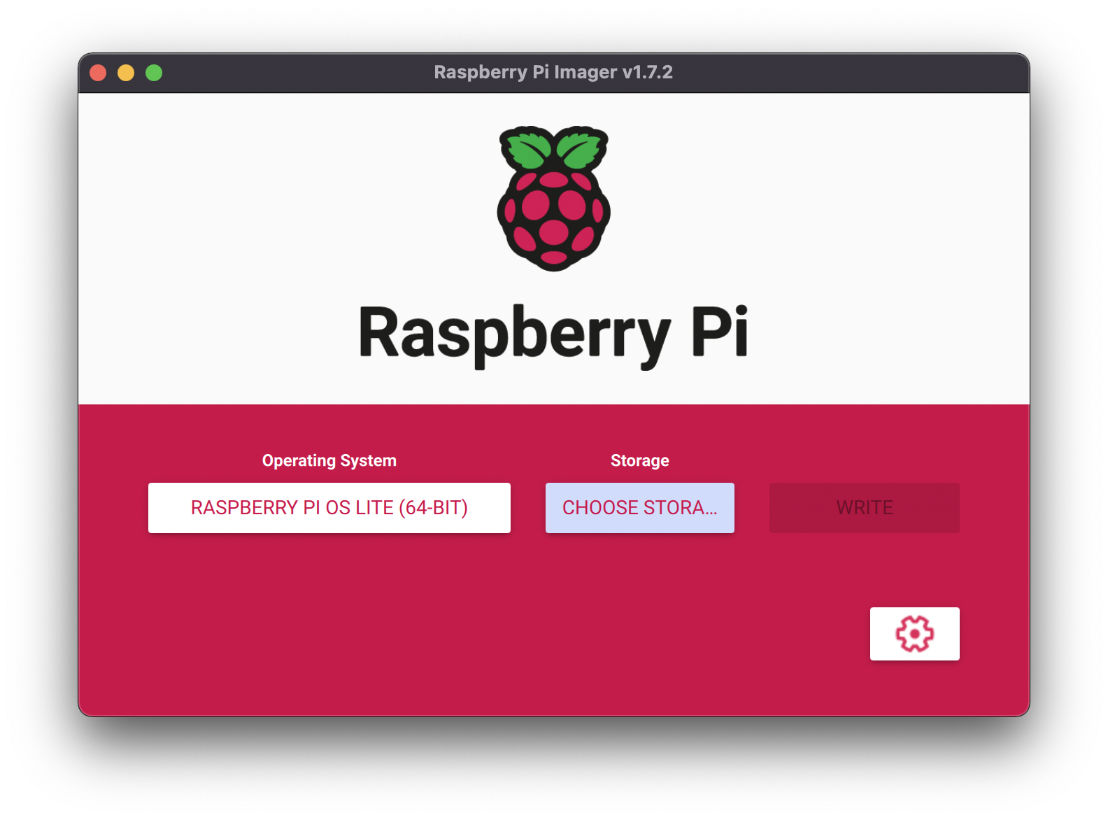 Raspberry Pi Imager window showing the main page, and the “Choose Storage” button is selected.