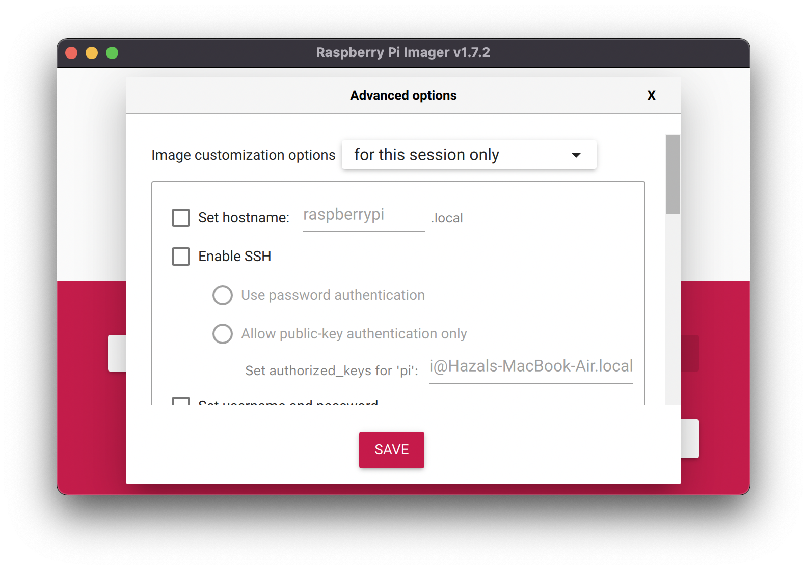 Raspberry Pi Imager window showing the advanced options menu.