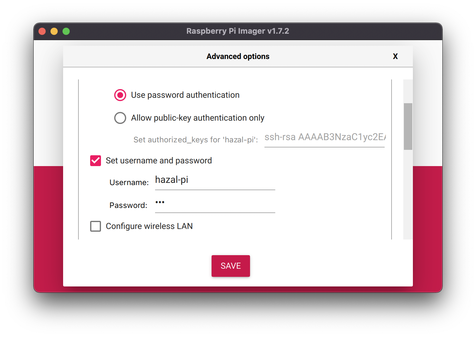 Raspberry Pi Imager window showing the “Set username and password” option is selected.