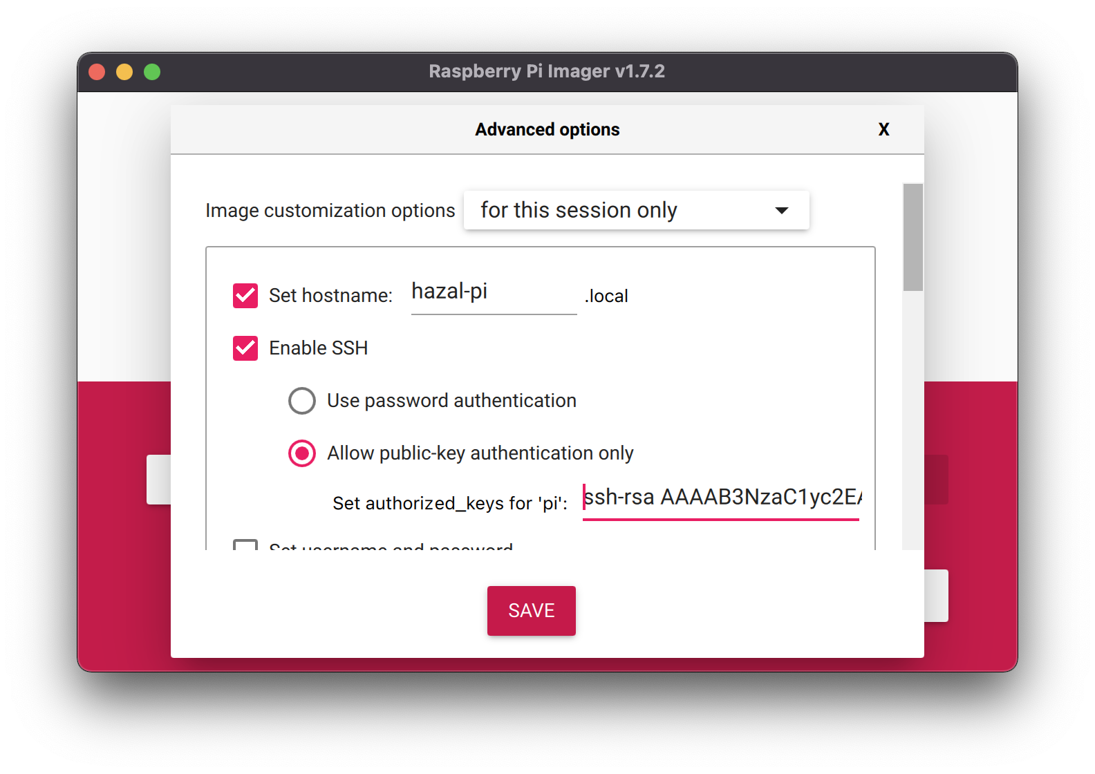 Raspberry Pi Imager window showing “Set Hostname” and “Enable SSH” both selected.