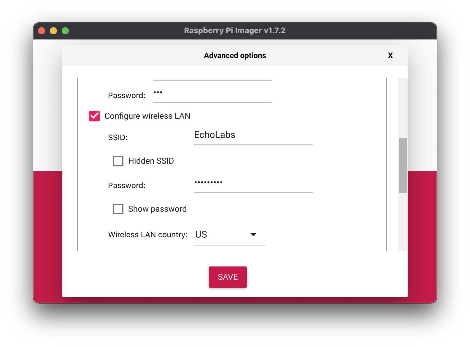 Raspberry Pi Imager window showing the “Configure wireless LAN” option selected with SSID and password information for a wireless network.