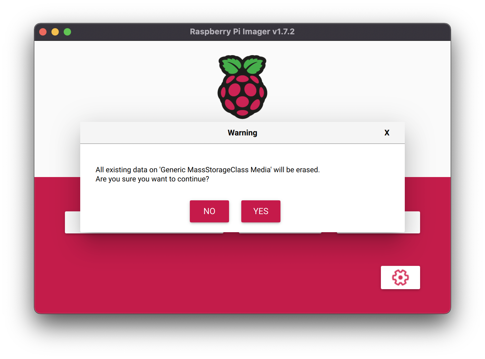 A warning is shown that says “All existing data on the SD card will be erased. Are you sure that you want to continue?”