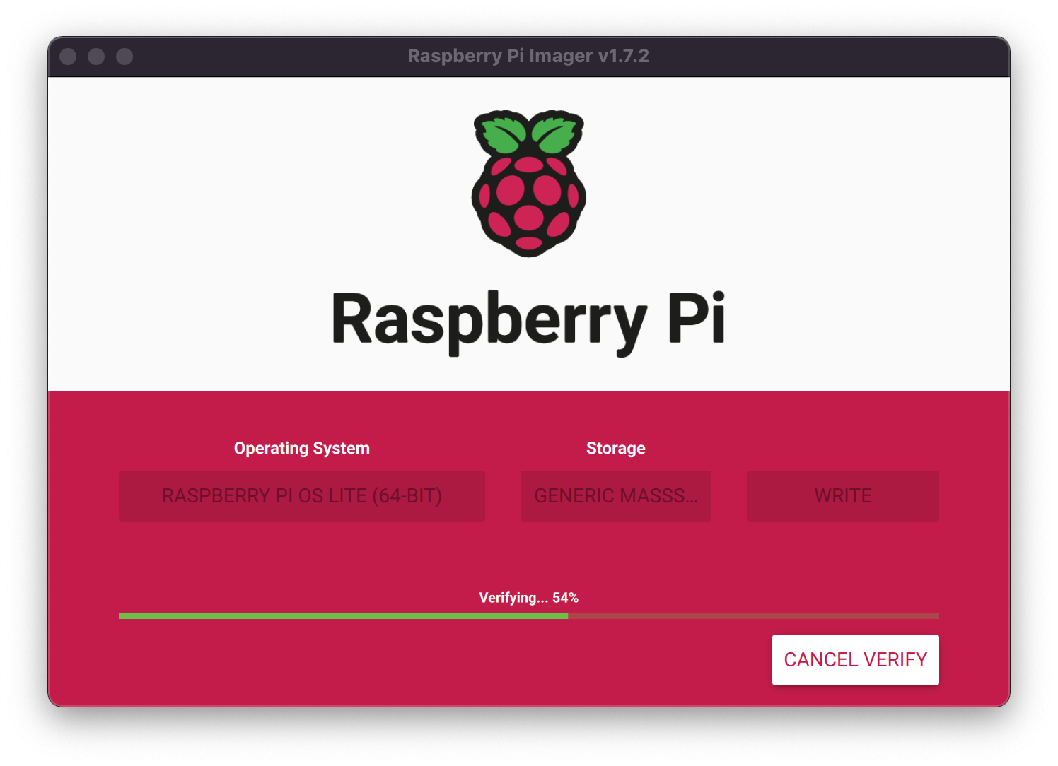 The Raspberry Pi Imager will display information on the status of the write.