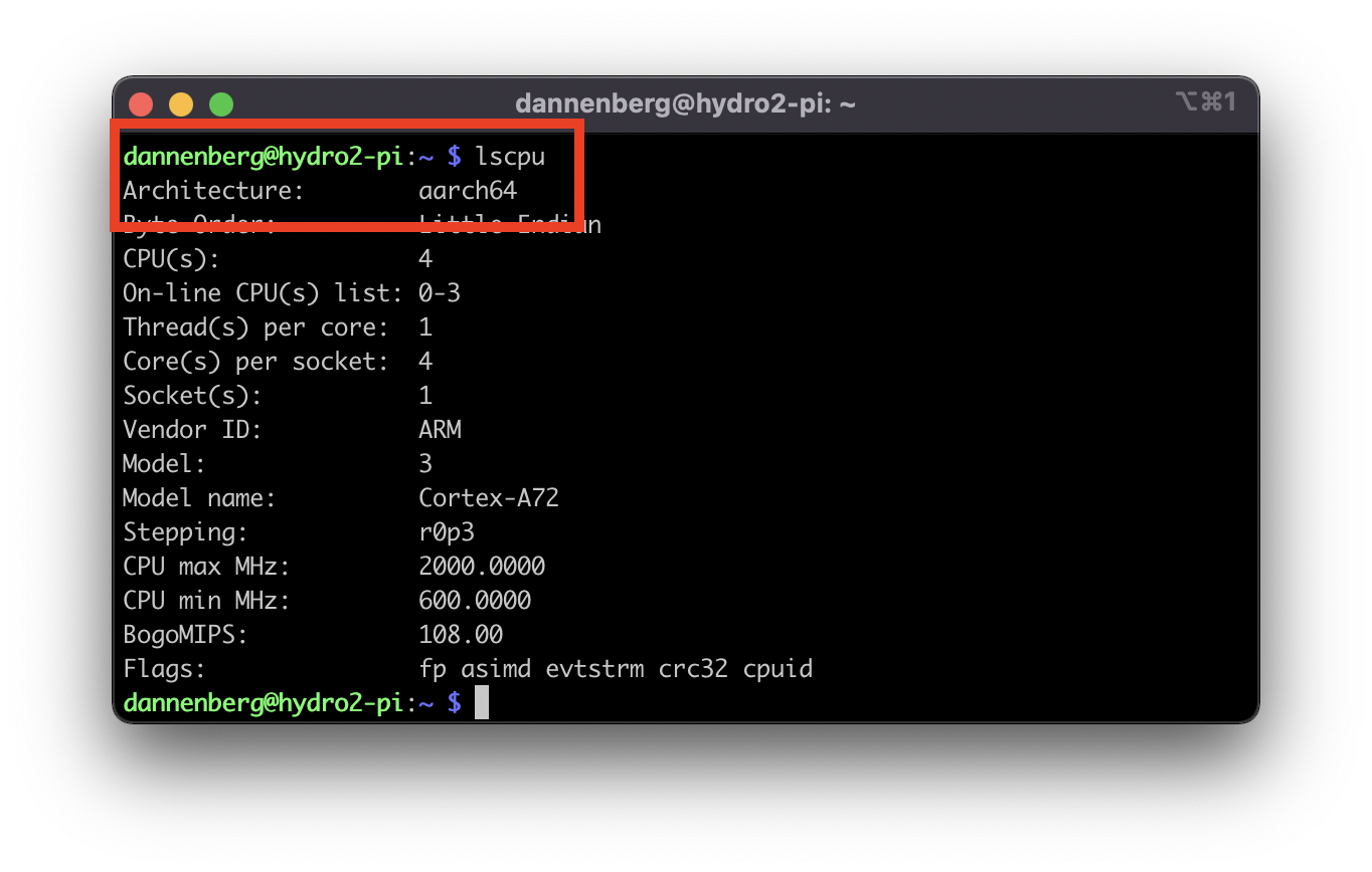 Screenshot of a terminal running the “lscpu” command. The output lists of this command on a Raspbery Pi. A red box highlights the command and the top of the output which reads “Architecture: aarch64.”