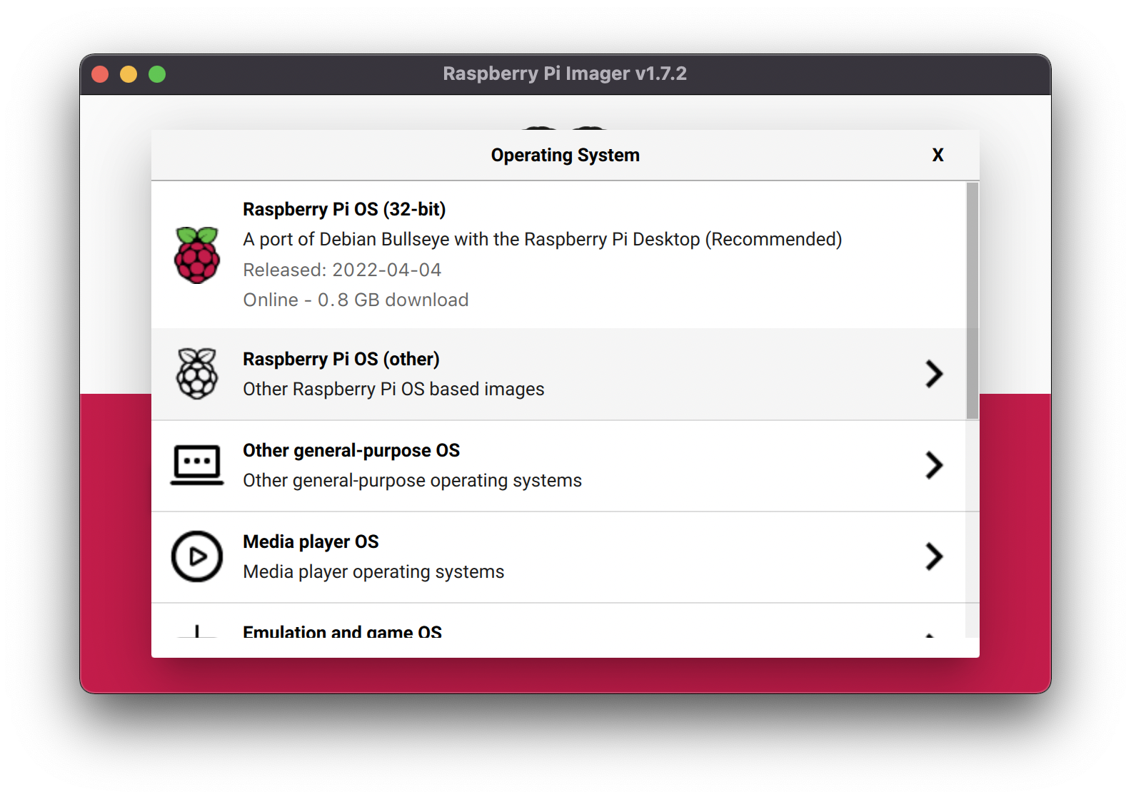 Raspberry Pi Imager window showing “Raspberry Pi OS (Other) is selected.