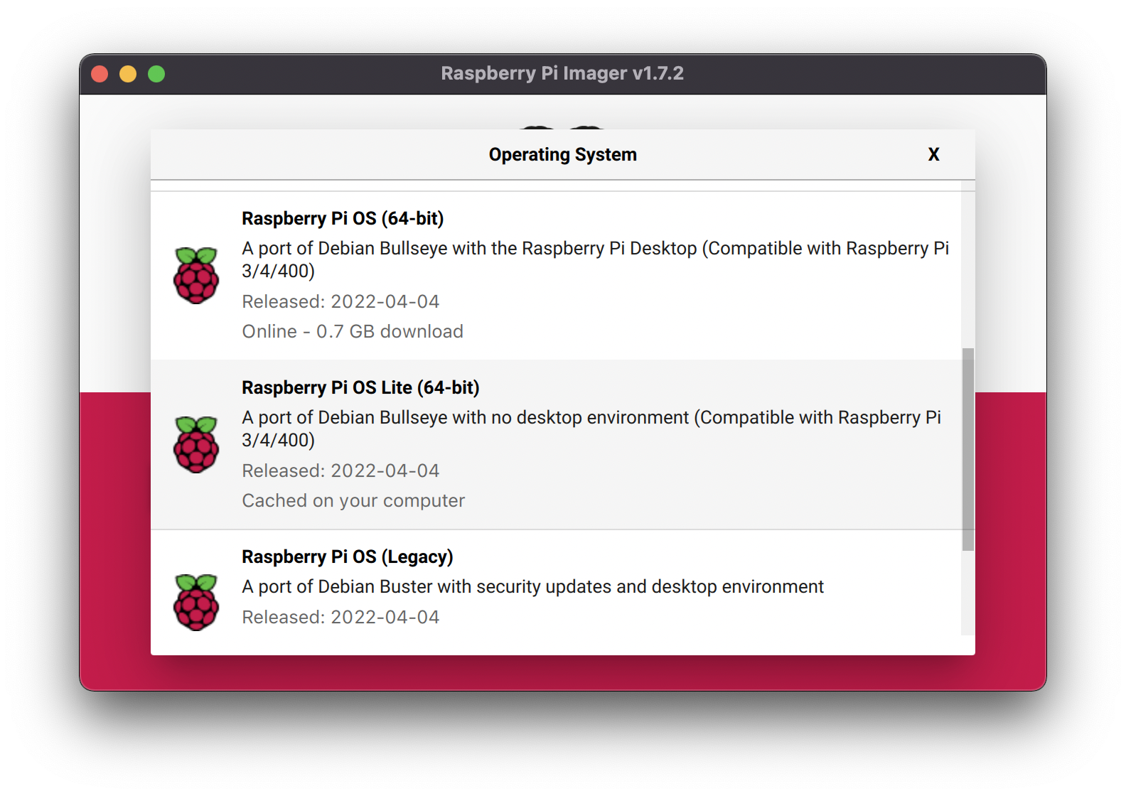 Raspberry Pi Imager window showing “Raspberry Pi OS Lite (64-bit)” is selected.