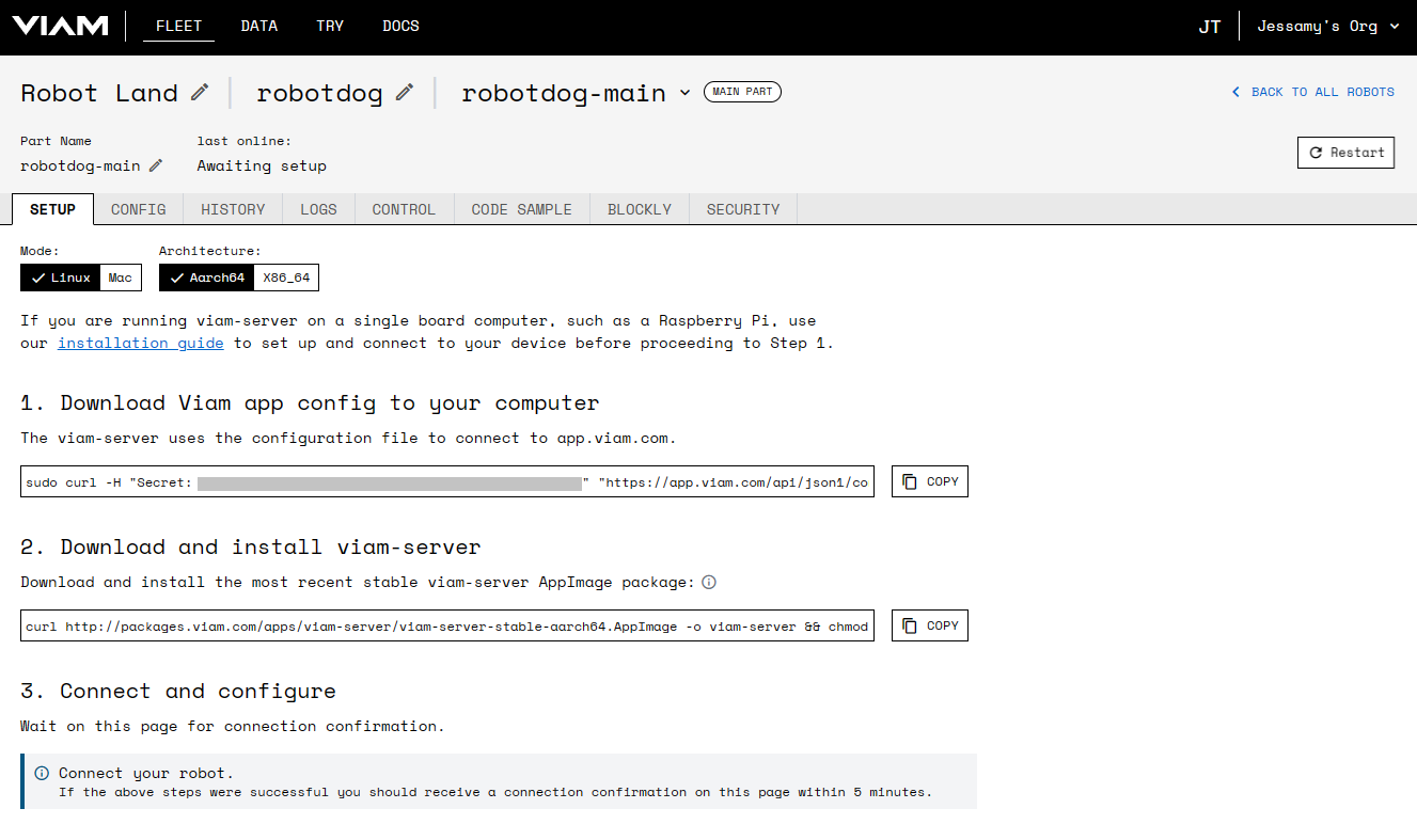 Screenshot from the Viam app showing the Setup page.