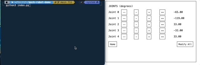 GIF of a terminal window on the right with 'python3 index.py' being run, then a list of four values is printed each second to the terminal. On the left side, is the mock arm from the CONTROL tab of the Viam app. As the joint positions are updated in the terminal from the left, you can see that the joint positions are updated in realtime on the Viam app.