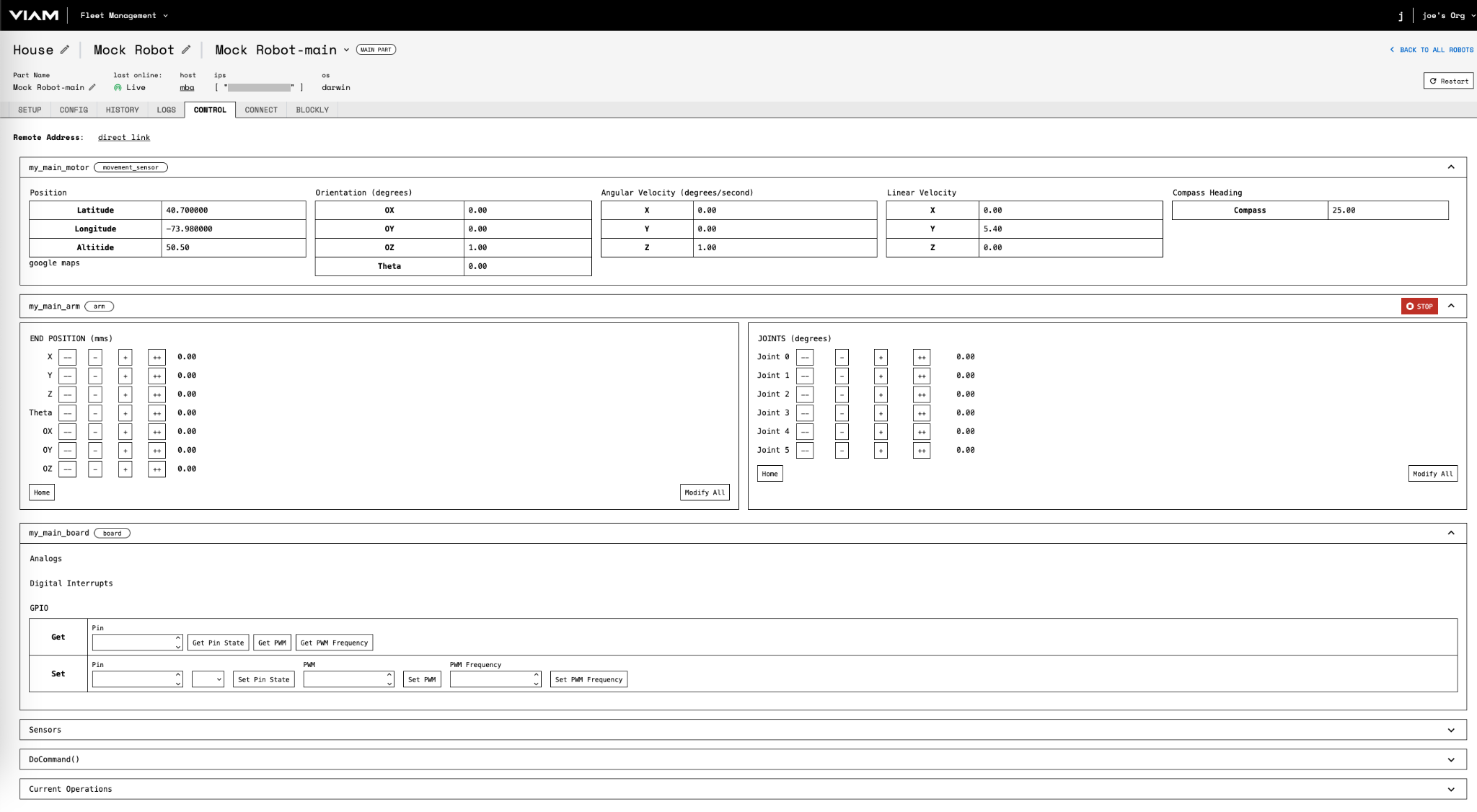Screenshot from the Viam app showing the CONTROL tab with the fake arm, and motor components.