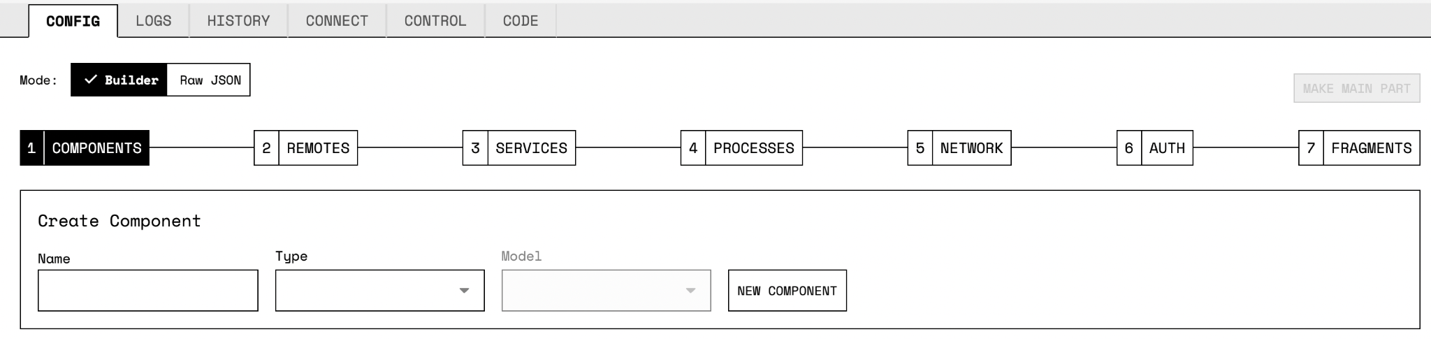 A screenshot from the Viam app showing the CONFIG tab from the mock robot.