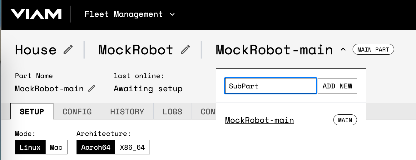 Screenshot of the Viam app with a dropdown below the main part. 'SubPart' is written in the textbox.