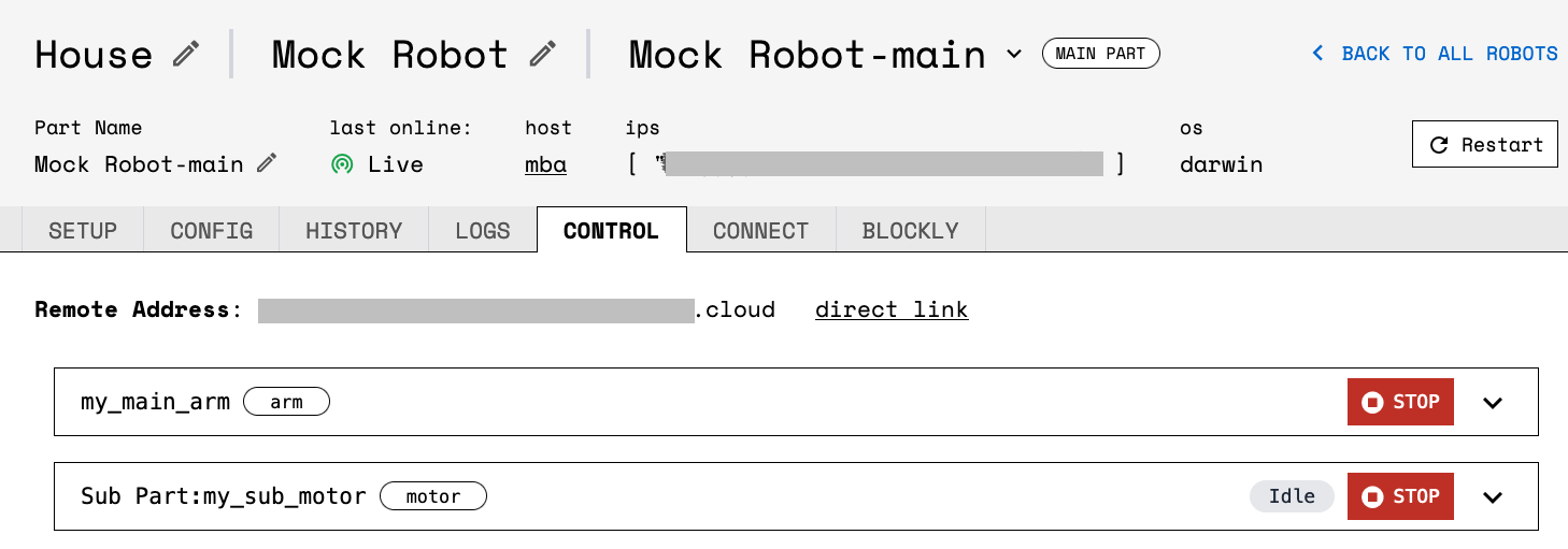 Screenshot of the Viam app’s Control tab for the main part. Lists the main arm, and the sub motor part.