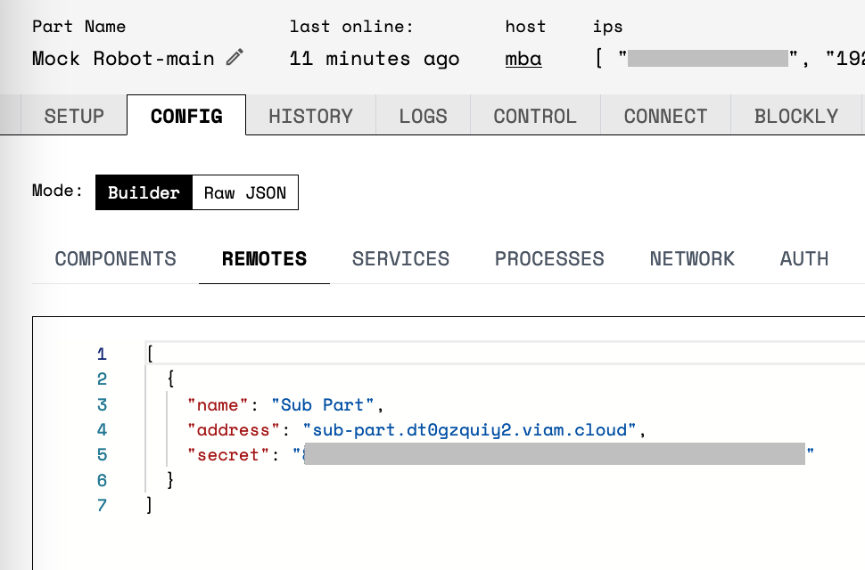 Screenshot from the Viam App showing the CONFIG > REMOTES with the sub-part's remote config file pasted in.