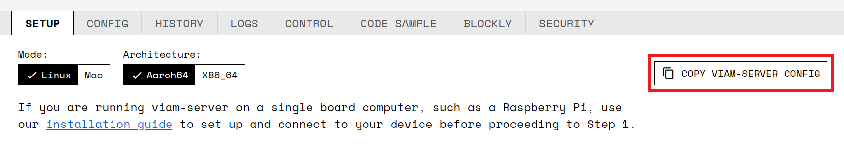 Screenshot from the Viam app showing the 'Copy Viam-Server Config' button highlighted by a red box.