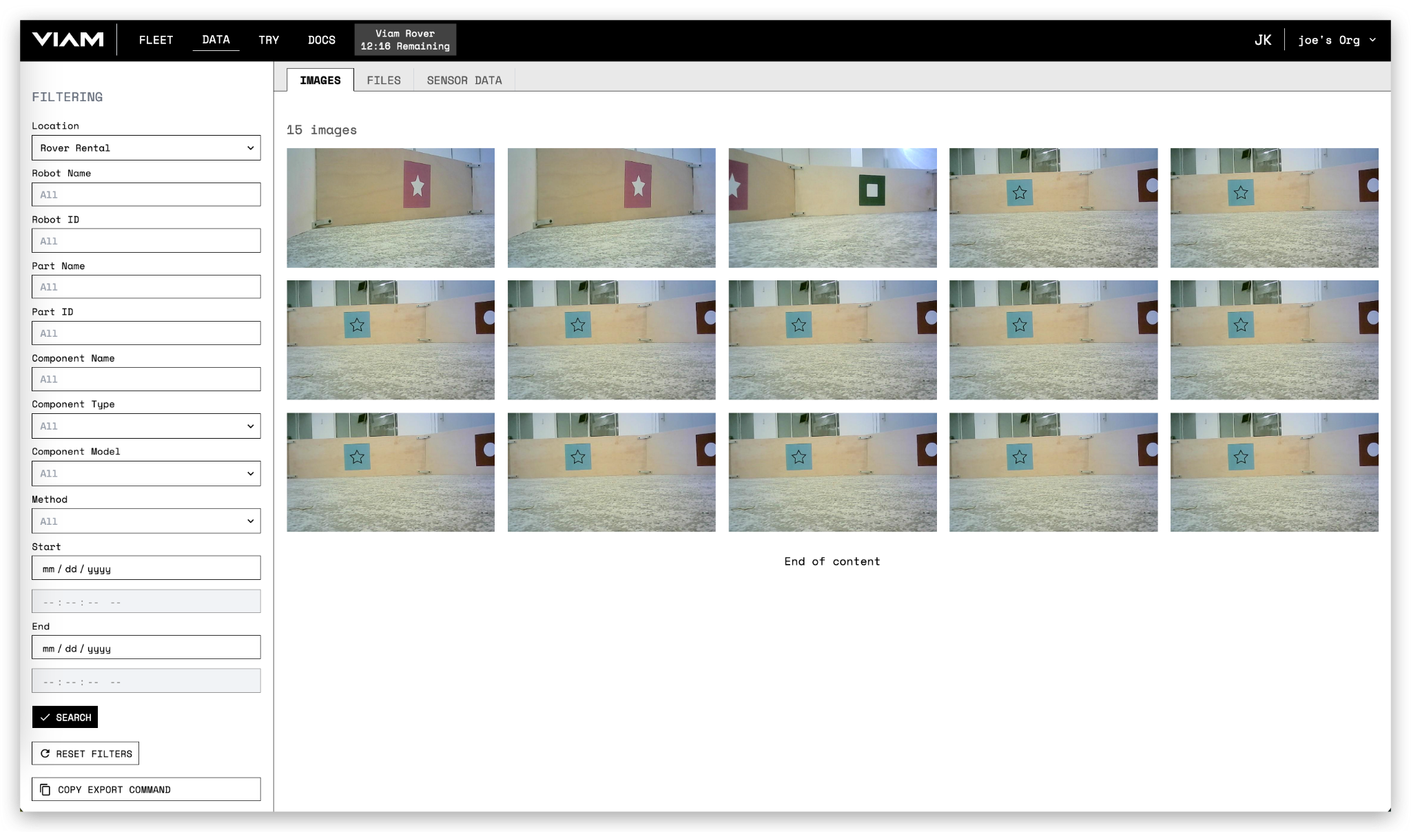 The data page of the Viam app showing a gallery of the images captured from the Viam Rover.
