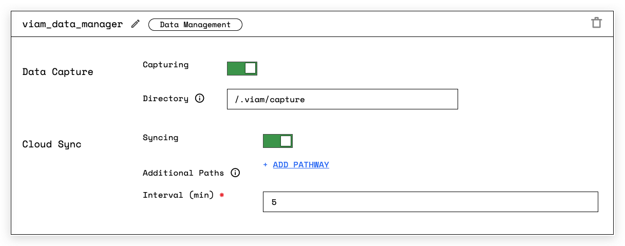 Screenshot from the Data Management service showing the Data Capture and the cloud sync option enabled.