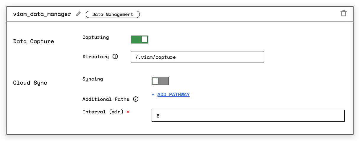 Screenshot from the Data Management service showing the Data Capture option enabled and the cloud sync option disabled.