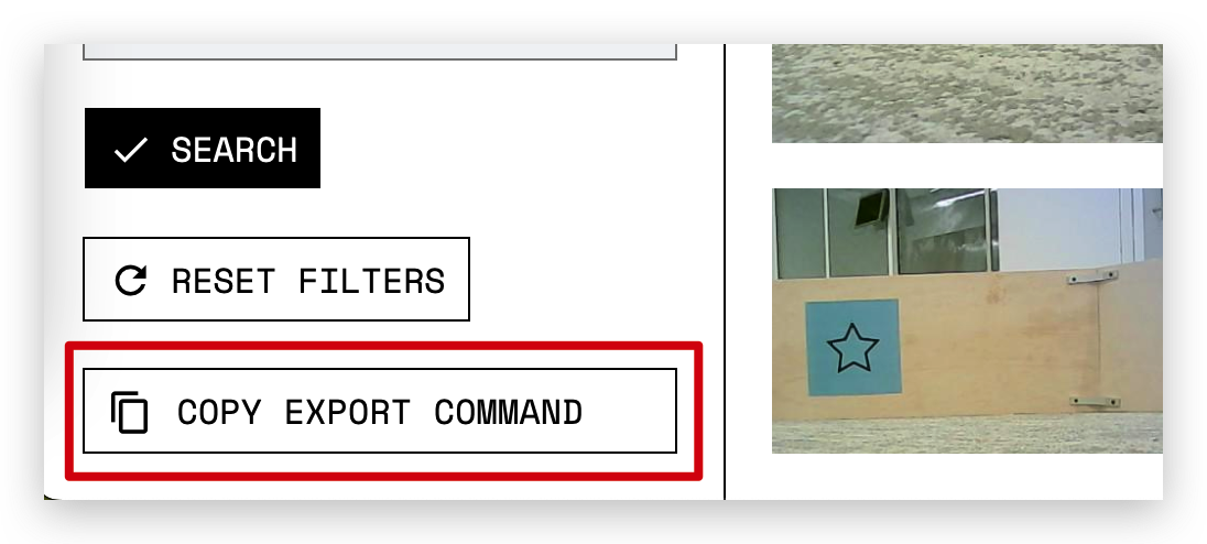 A red box highlights the “copy export command” button from the Viam app with an image gallery of captured images from the Viam Rover on the right.