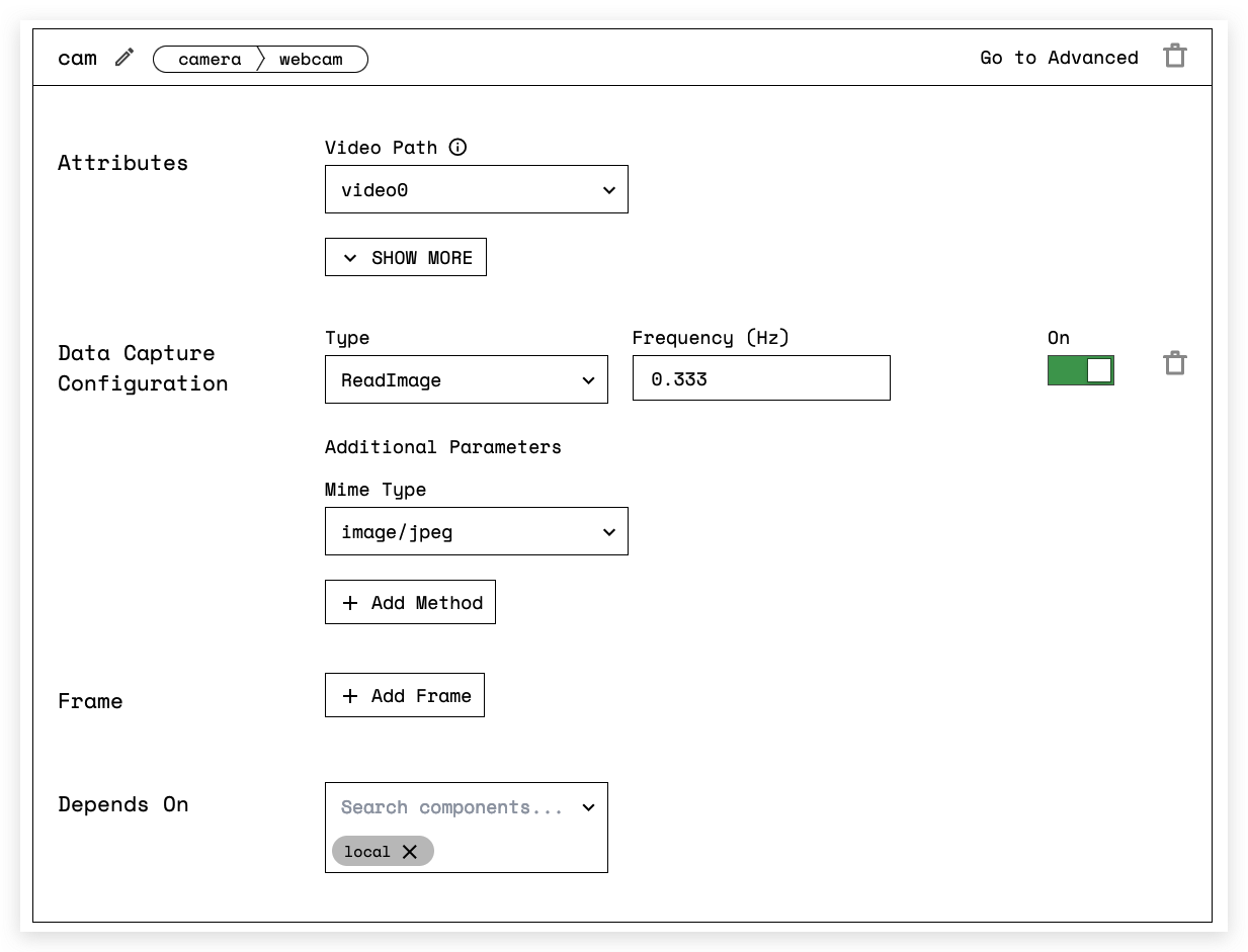 Screenshot from the Viam app showing the data capture settings used for this tutorial.