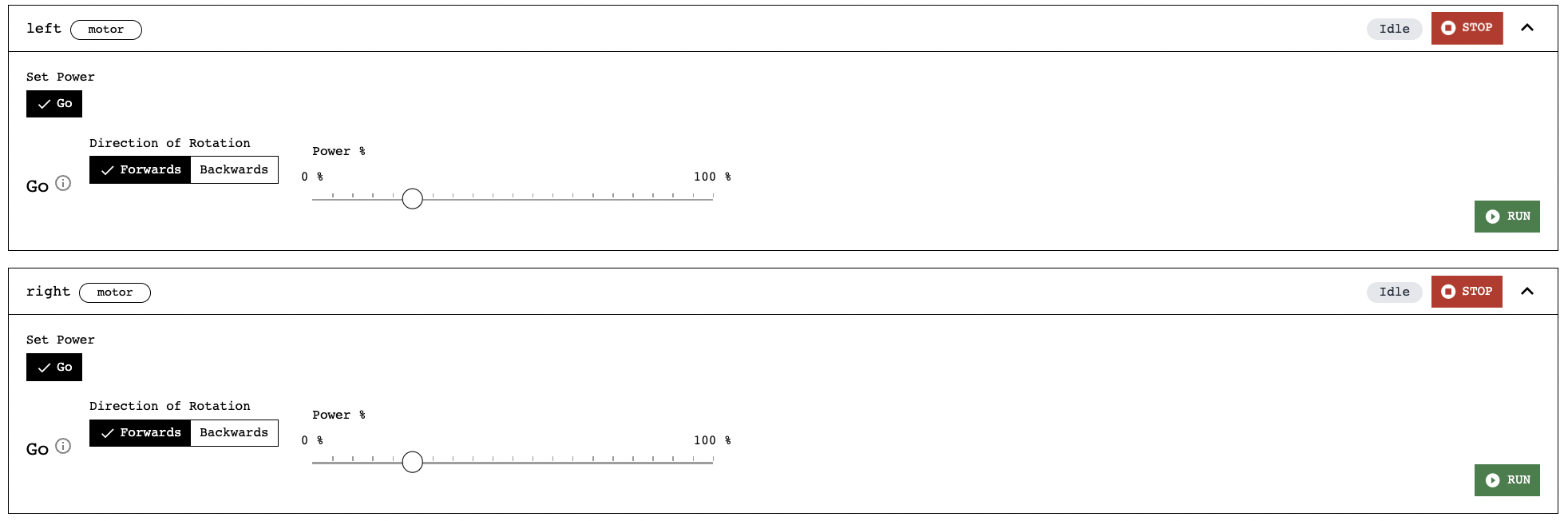 Left and right motor configuration panes.