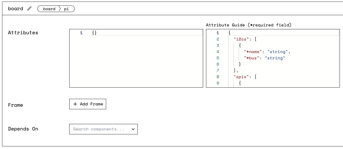 Viam App Board component attribute pane.