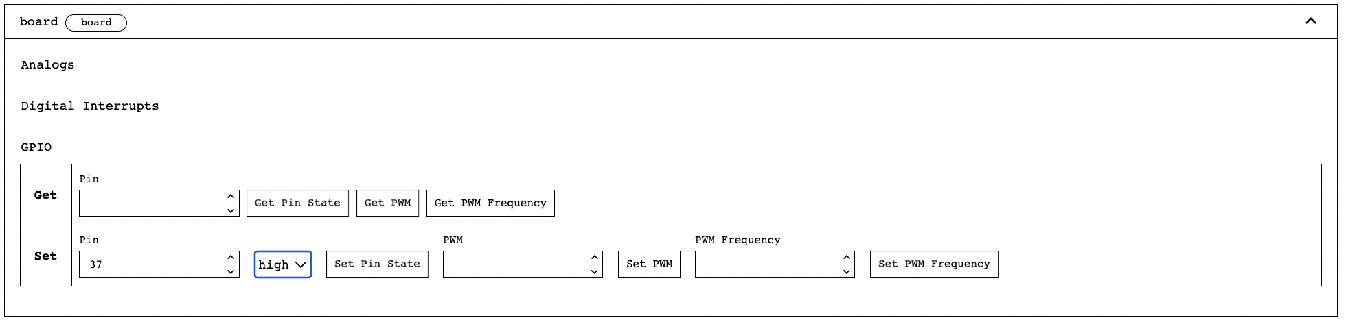 Board component, G P I O section with pin 37 set to High.