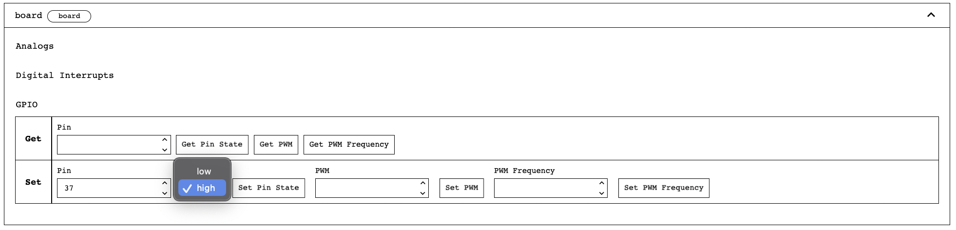 Board component, G P I O section showing High selected on the Pin State drop-down.