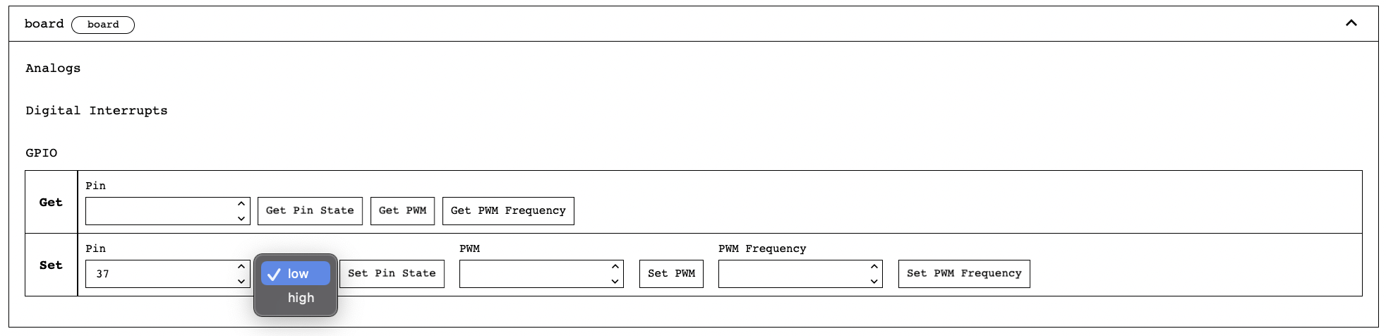 Board component, G P I O section showing Low selected on the Pin State drop-down.