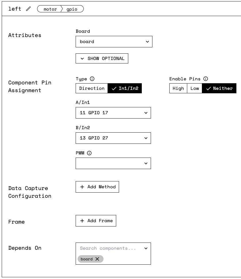 Motor Component Attribute Pane (left motor).