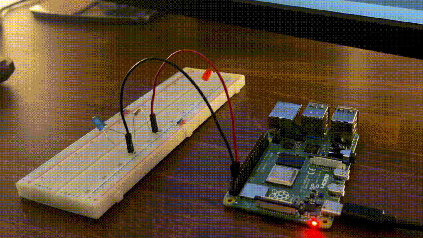 A GIF of the completed project showing a blinking blue LED connected to a Raspberry Pi with jumper cables.