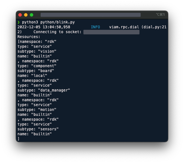 A screenshot from the Visual Studio Code command line that prints the output of print(robot.resource_names) when your Raspberry Pi has correctly connected and initialized with the Viam app. The output is an array of resources that have been pulled from the Viam app. Some of these are the Vision Service, Data Manager, and Board.