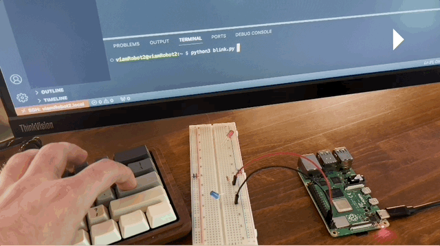 A GIF of the completed project showing a hand hitting enter on the keyboard, then the blue LED starts to blink and the text “LED is on,” and “LED is off” is printed out to the terminal onscreen.