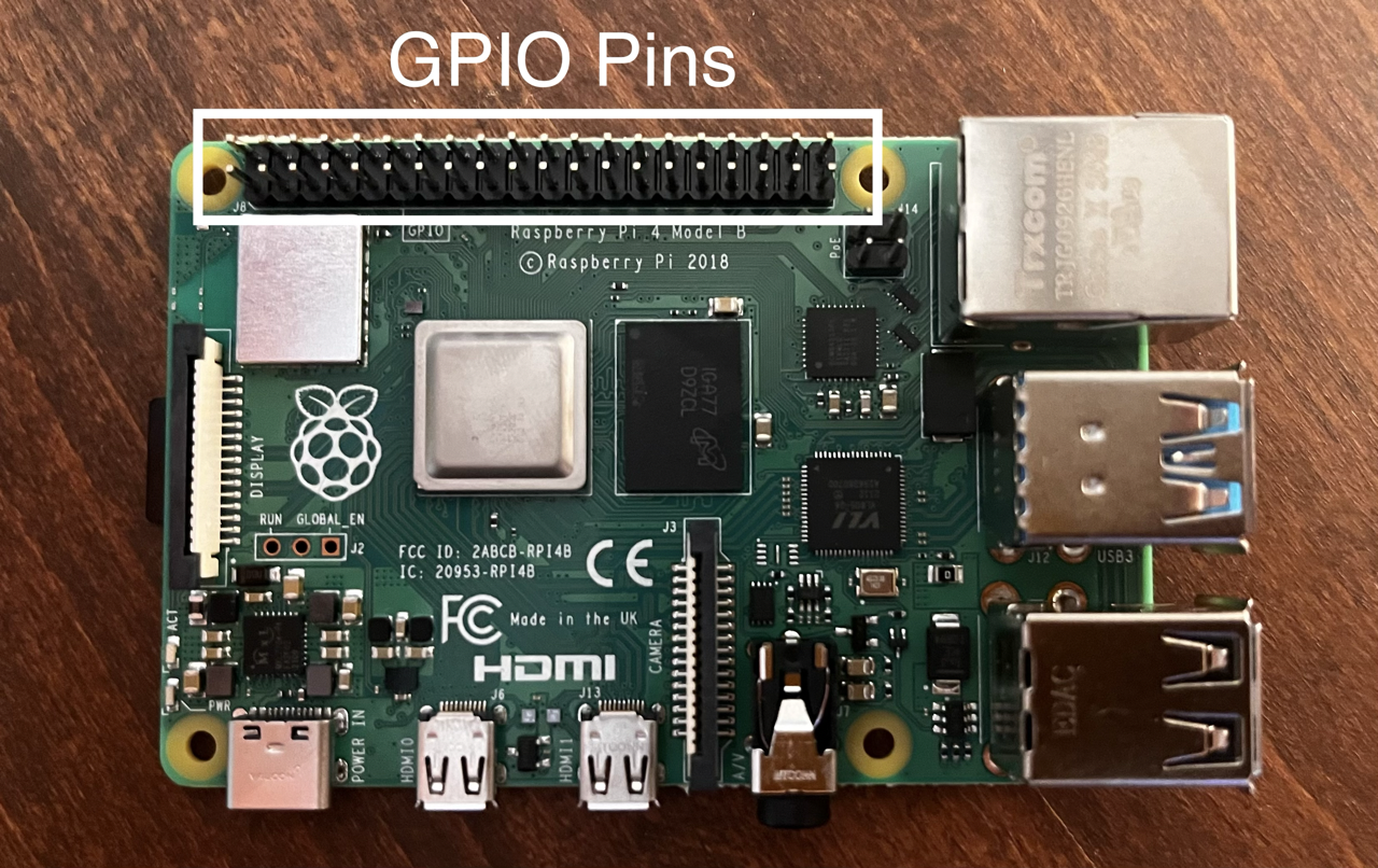 Photo showing a Raspberry Pi 4 with a white box around the GPIO pins on the Pi and big red letters that say, 'GPIO Pins.'