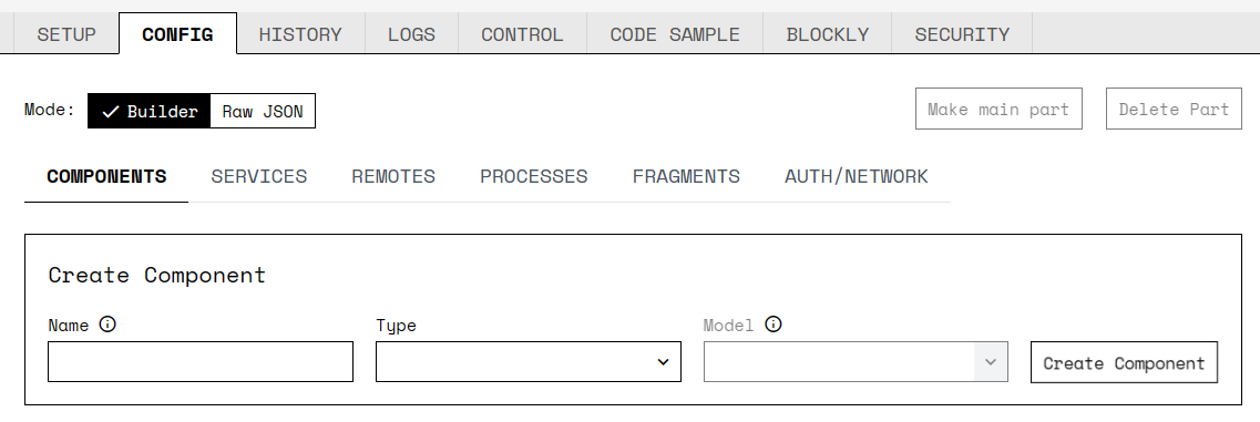 Screenshot of the Viam app showing the Create Component field on the COMPONENTS subtab of the CONFIG tab.