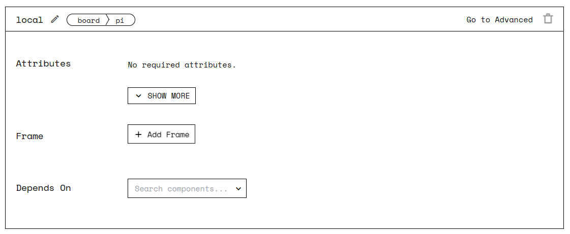 Screenshot of the Viam app showing the board configuration on the CONFIG tab. The board is named 'local' and the attributes are shown as empty braces.