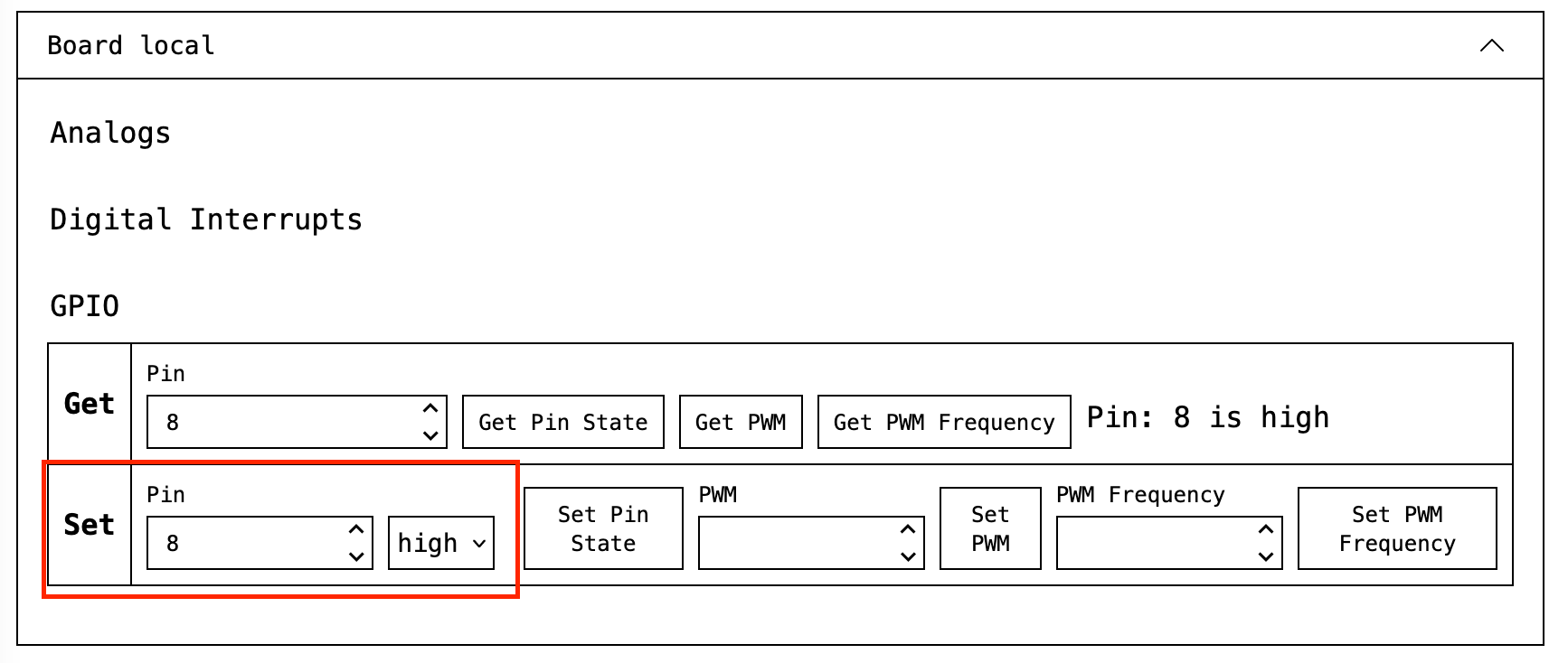 Screenshot of the Viam app showing the board configuration on the 'Connect' tab. The 'Board Local' row is expanded, and under the 'Set' row, the pin is set to '8.' A red box is around the 'Set Pin State' field.