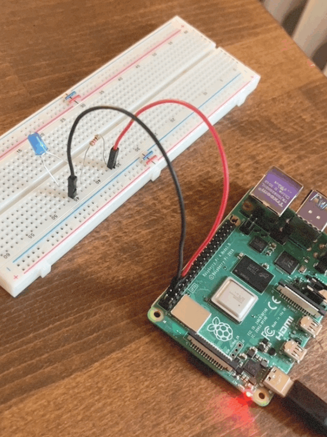 A GIF of the completed project showing a blinking blue LED connected to a Raspberry Pi with jumper cables.