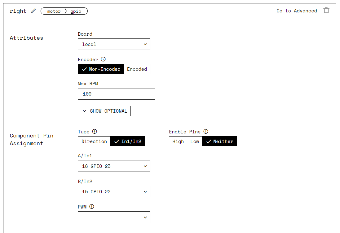 Screenshot of the motor config panel with the attributes set as described above.