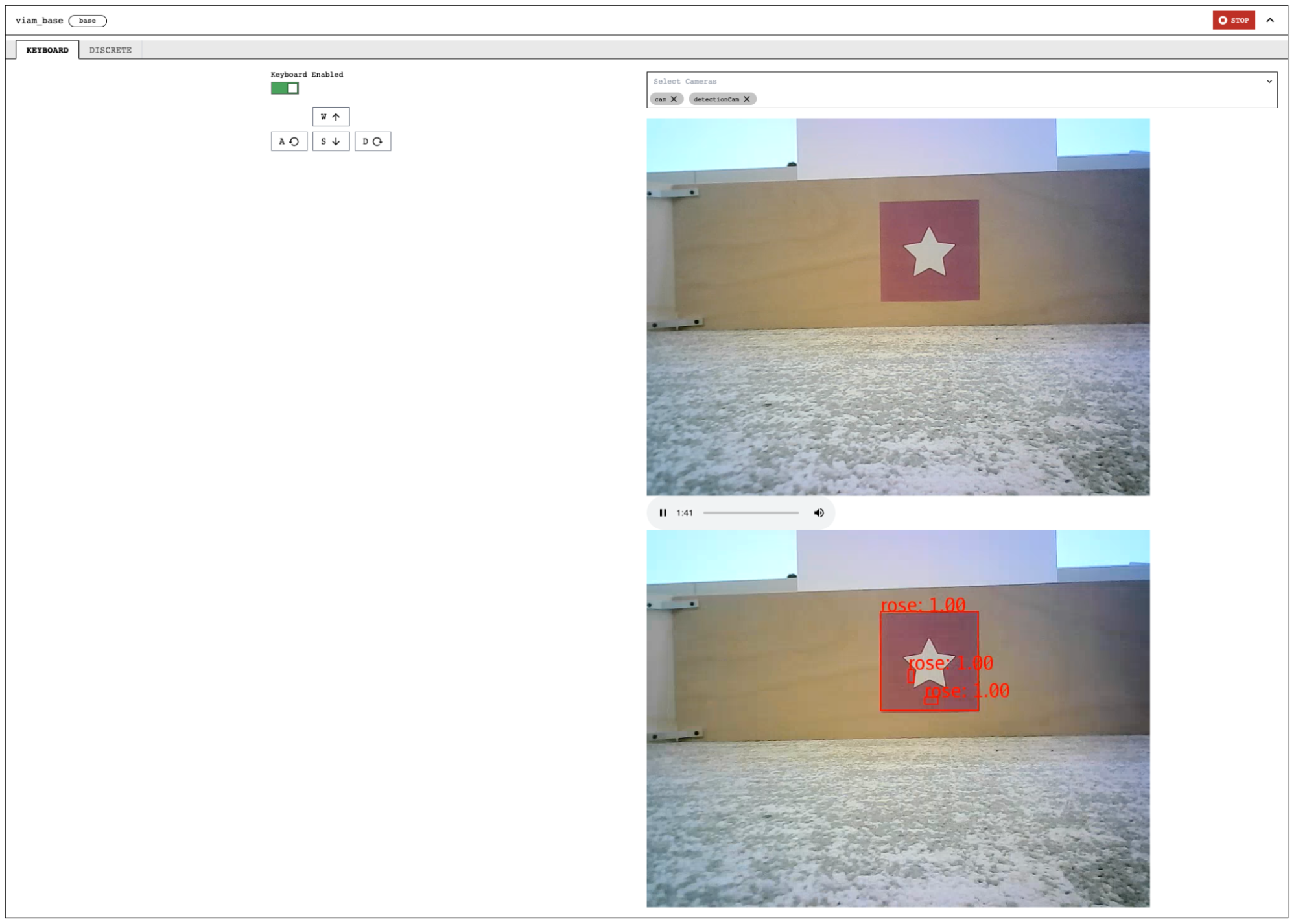 Screenshot from the Viam app showing the base component panel with the keyboard buttons W, A, S, D. The Keyboard enabled button is green (enabled). The cam stream is on the right, with the detectionCam stream displayed below it. The displays have identical views. The detectionCam stream displays an overlay of a red color detection box with the label,“rose:1.00” surrounding the red square.