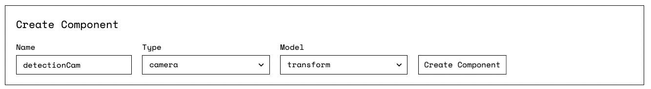Screenshot from the Viam app showing the Create Component panel populated with a cam component. The name is detectionCam, the type is camera, and the model is transform. The Create Component button is on the right.