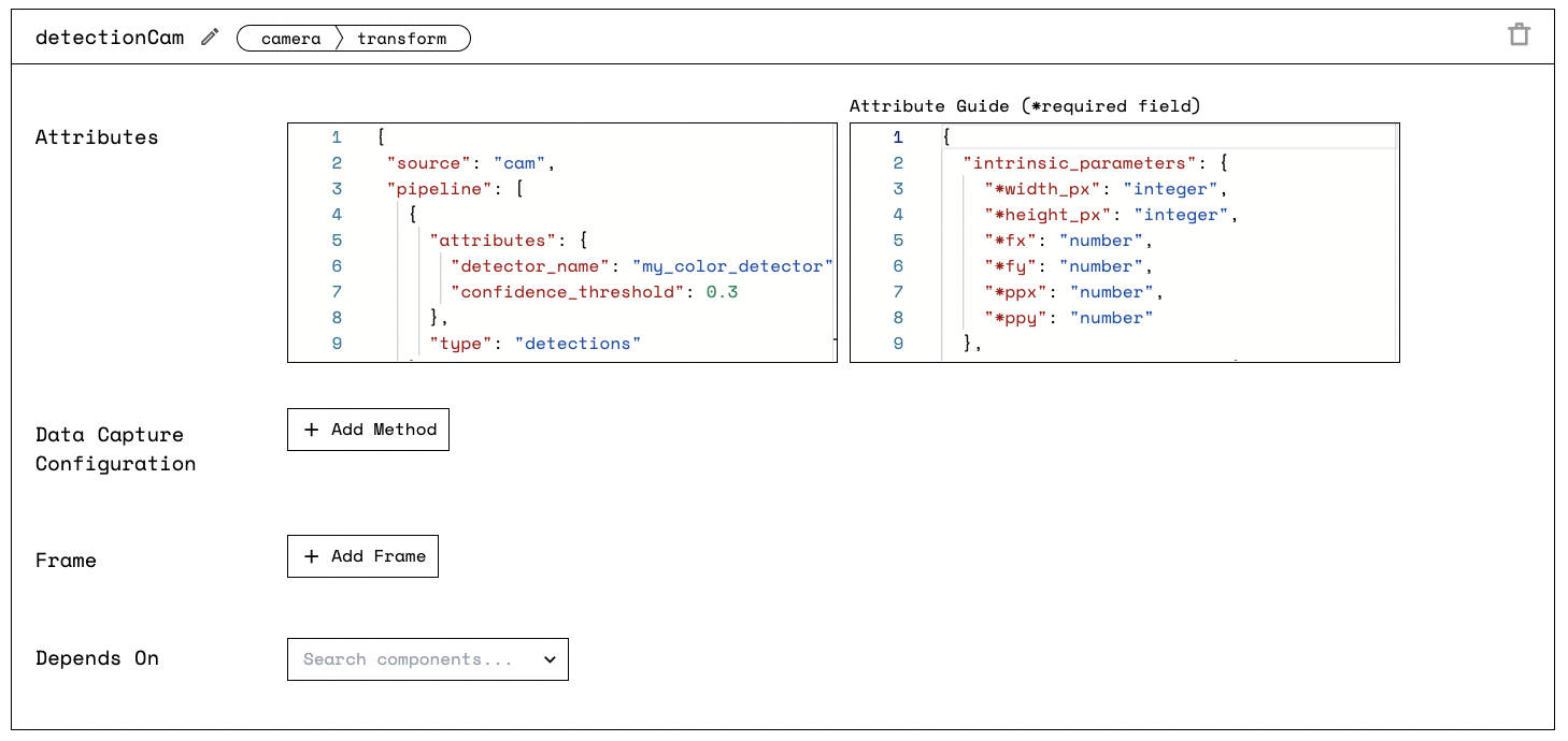 Screenshot from the Viam app showing the detectionCam component section. It contains the “Attributes” section with a skeleton configuration, including source, pipeline, type, and attributes. The panel has an Attributes section populated with transform camera component attributes. The are buttons labeled Data Capture Configuration, and Frame, and a drop-down labeled, Depends On. On the upper right there is a trash bin icon.
