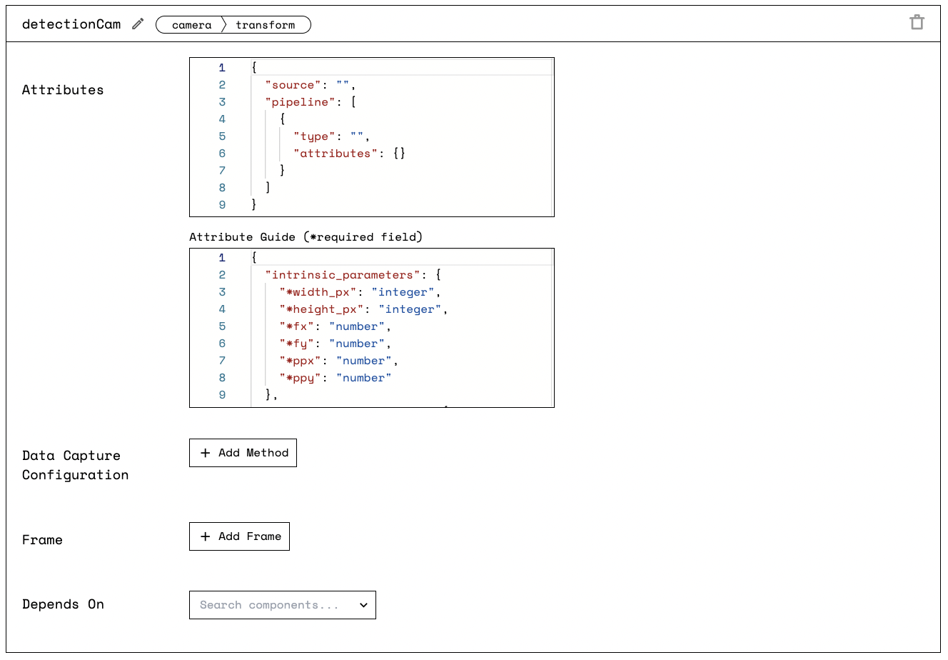 Screenshot from the Viam app showing the detectionCam component section. The “Attributes” section contains a skeleton configuration, including source, pipeline, type, and attributes. The Attributes Guide section lists the available camera component attributes. There are buttons labeled Data Capture Configuration, and Frame, and a drop-down labeled, Depends On. On the upper right there is a trash bin icon.